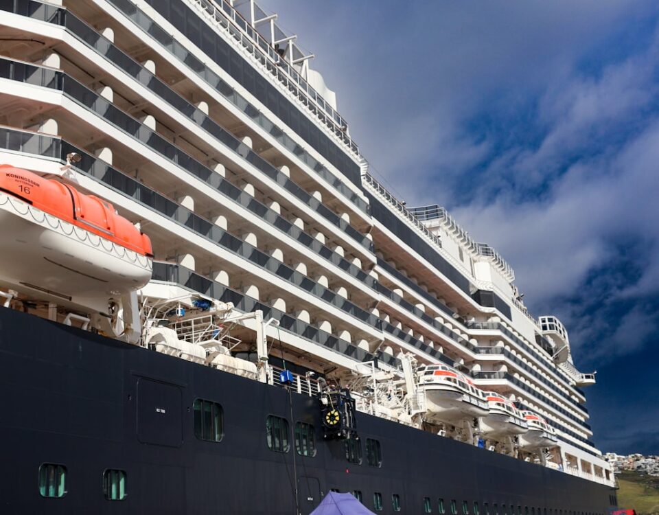 Large cruise ship docked in port harbor